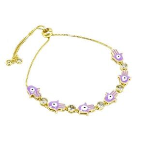 Gold Bracelet with Lilac Hamsa Accents